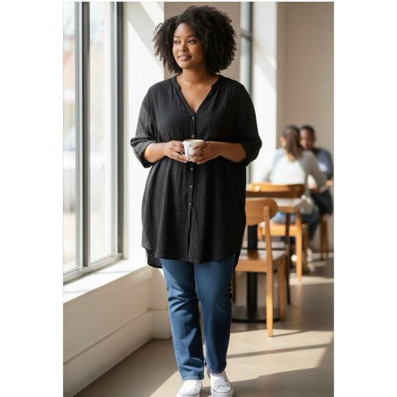 Torrid Navy Blue Button Up Shirt Roll Up Sleeves Women's Plus Size 2XL VNeck - Picture 1 of 9